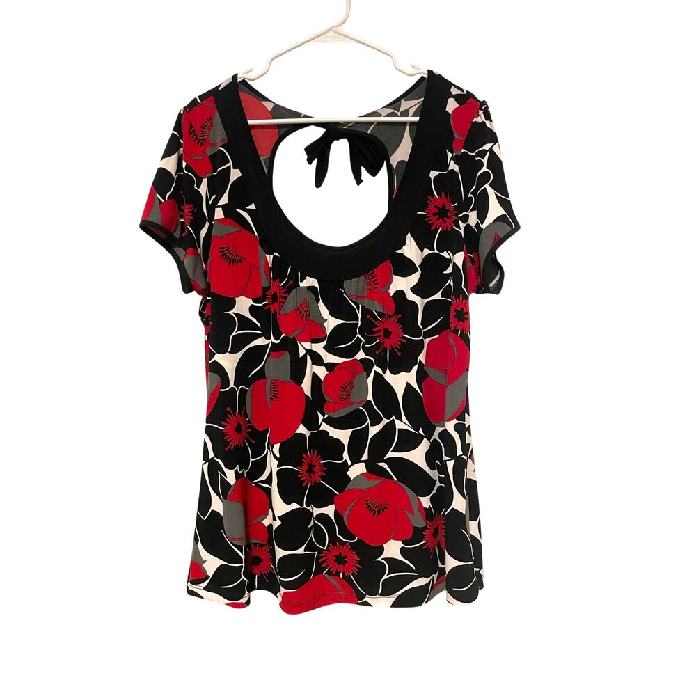 Gitano Short Sleeve Red Black Floral Top Liquid Knit Open Back 22/24 Y2K Retro